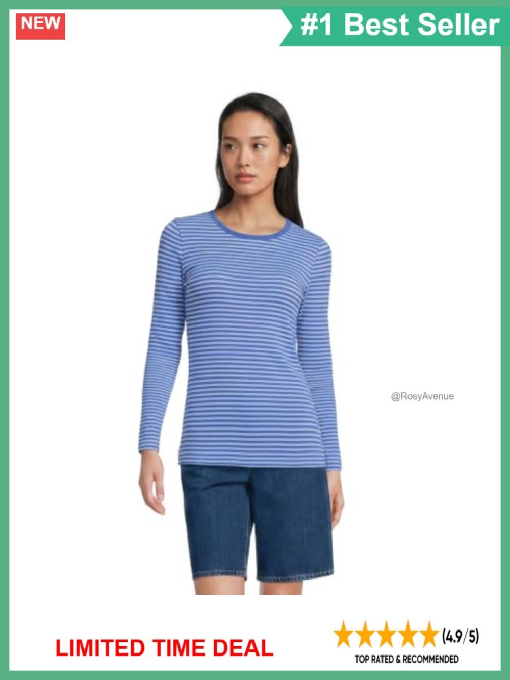 Lands' End Women's 100% Cotton Rib Knit Long Sleeve Crew Neck T-Shirt